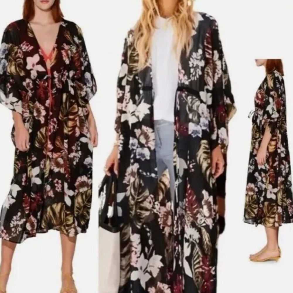 Walter Baker Tulum Caftan in Black Floral  Open Tie Front Sheer Cover Up Top OS